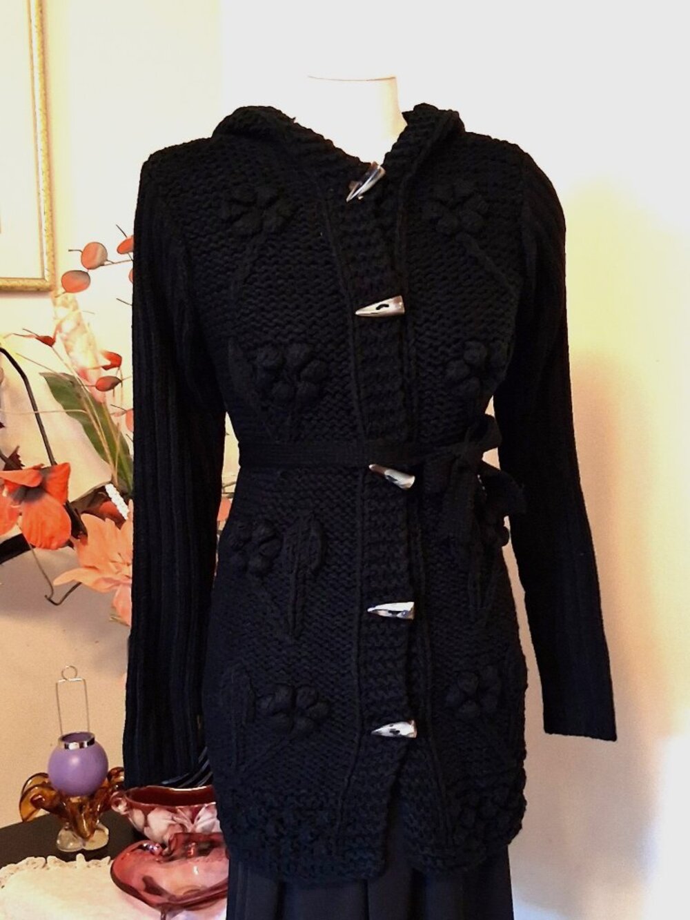 Quality Knit Hooded Cardigan Sweater Coat - Soft Chunky Knitwear Women M Black